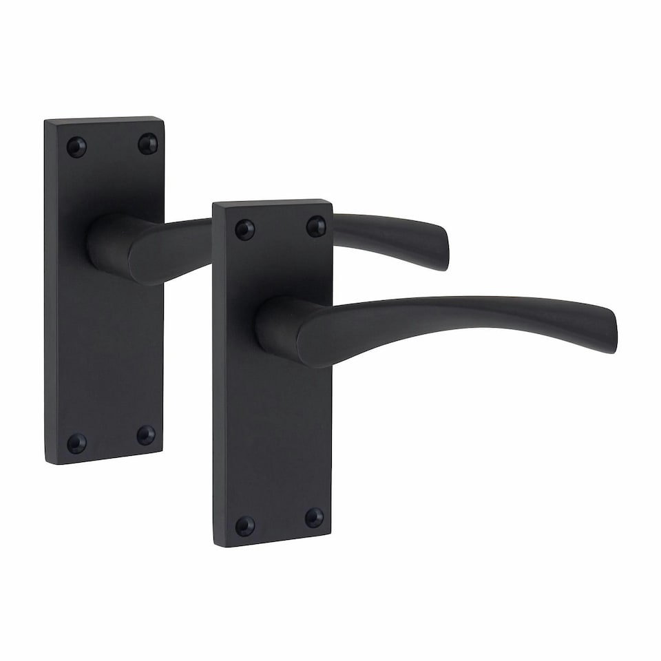image 1 of Golden Grace 5 Sets Victorian Scroll Astrid Door Handles Latch in Matt Black with 1 Pair of 3" Ball Bearing Hinges & Latches Pack - 120mm x 40mm Backplate Black