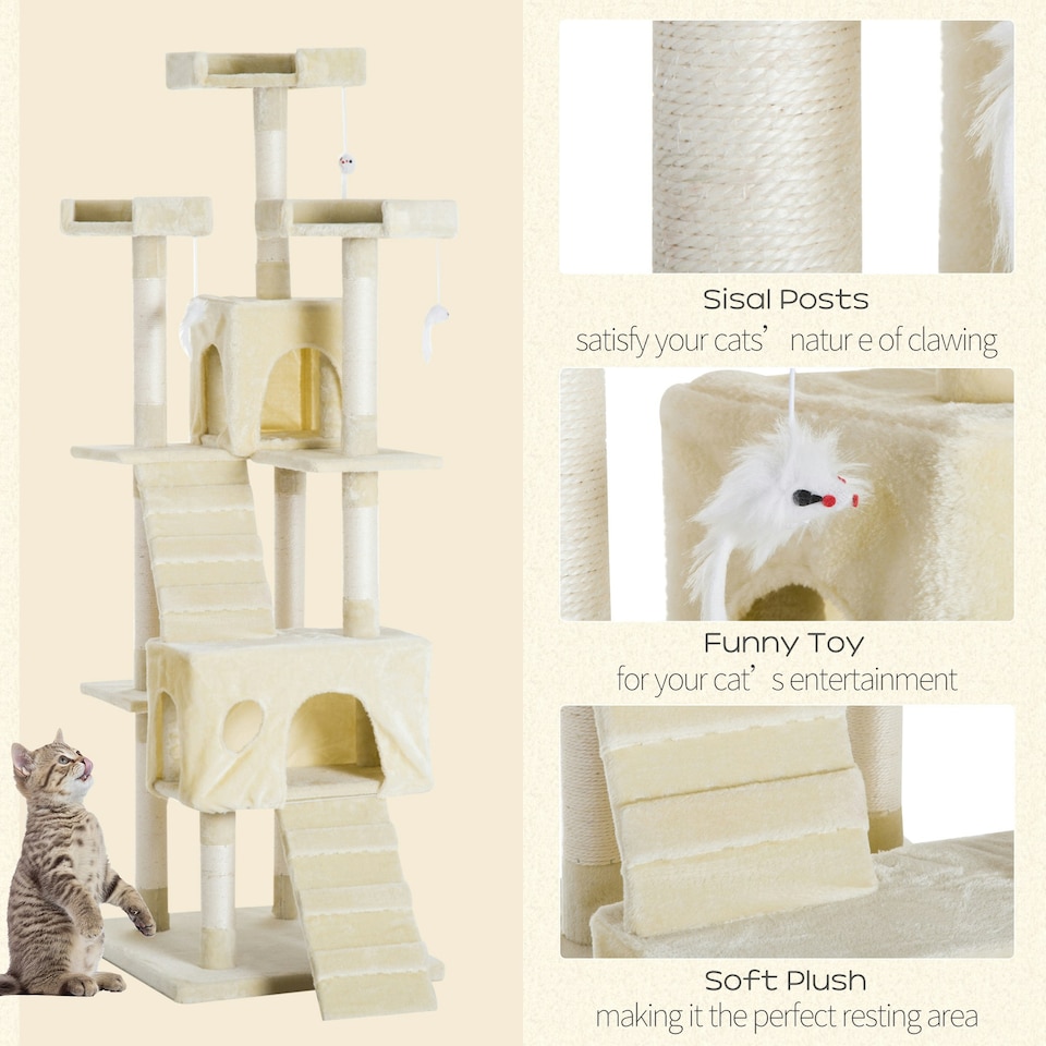 image 1 of PawHut Cat Tree, Kitten Scratch Post Climbing Tower 181 cm for Indoor, Beige