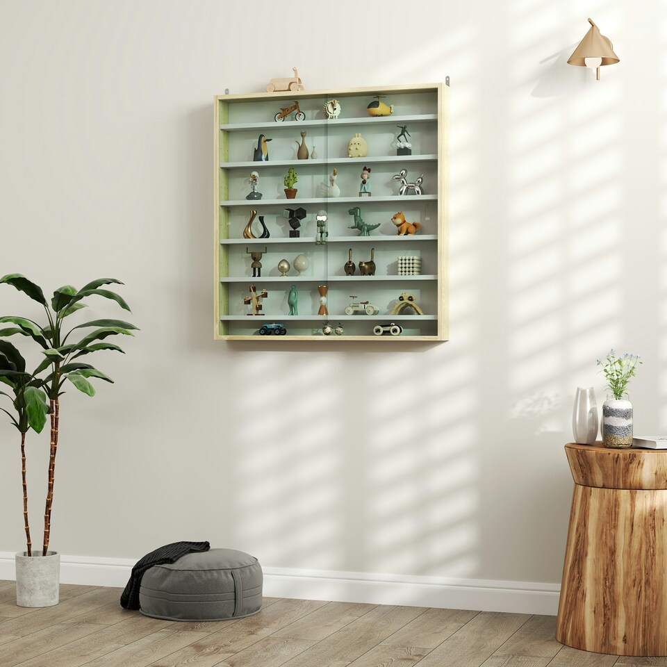 image 1 of HOMCOM Wall Display Cabinet w/ Shelves Glass Doors Brown