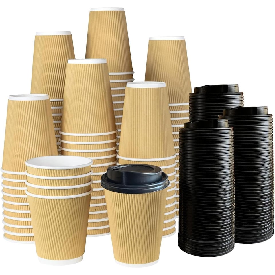 image 1 of ECONX 12oz Disposable Coffee Cups With Black Lid Ripple Insulated Paper Cups 50pc