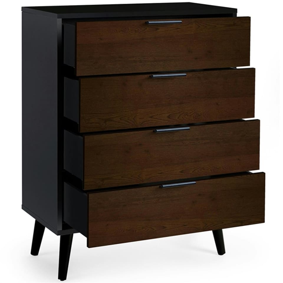 image 1 of Walnut Oak and Matt Black Wide Chest of Drawers (4 Drawers)