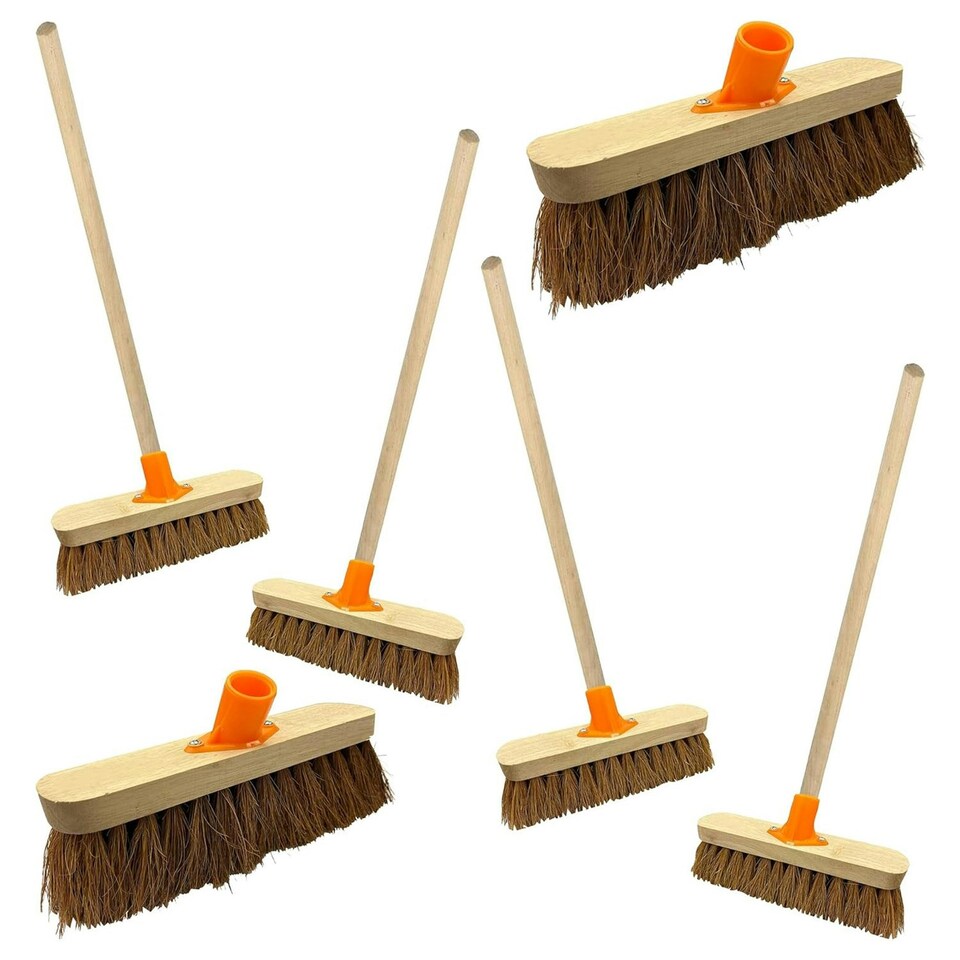 image 1 of 2 x 10" Indoor Outdoor Traditional Wooden Coco Yard Sweeping Brush With Handle & Support Bracket