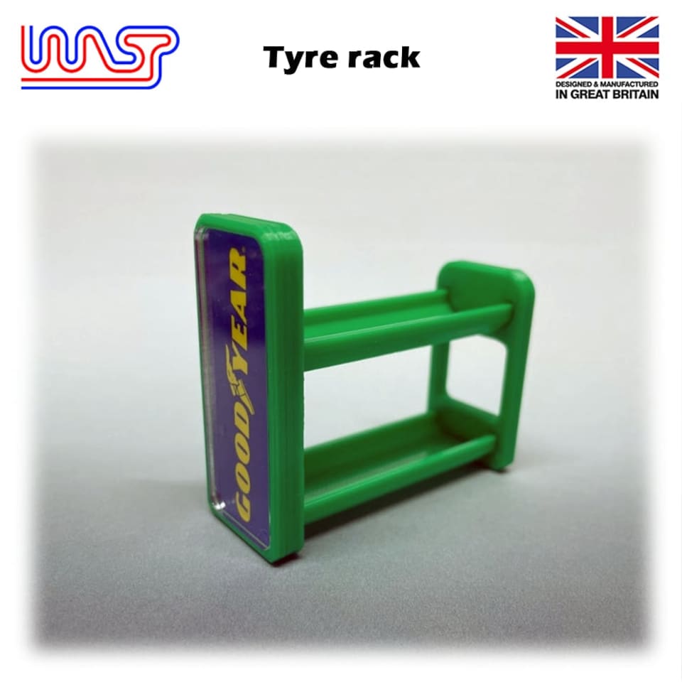 image 1 of Slot Car Scenery Track Side Tyre Wheel Rack Green with Logos 1:32 WASP