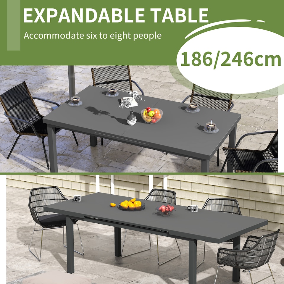 image 1 of Outsunny 246 cm Extending Garden Table, Rectangle Outdoor Dining Table for 6 8, Aluminium Frame for Patio, Balcony Charcoal Grey