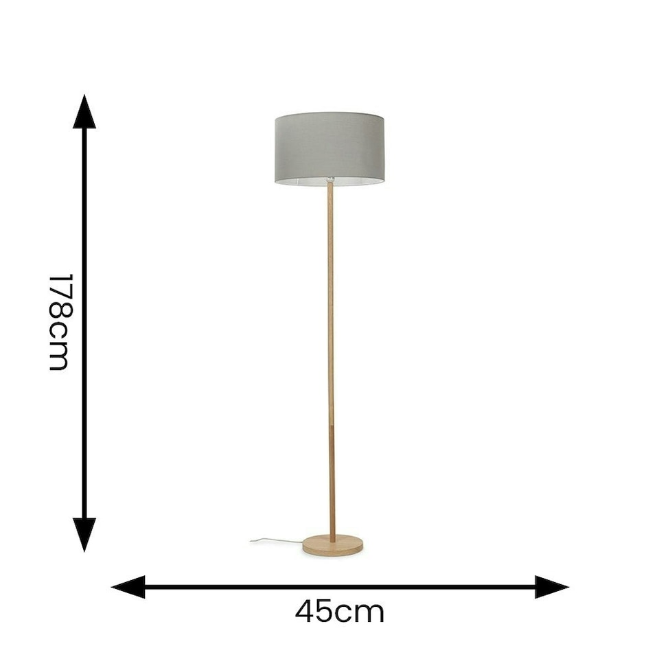 image 1 of ValueLights Modern Scandi Floor Lamp In Light Wooden Finish With Cool Grey Drum Shade