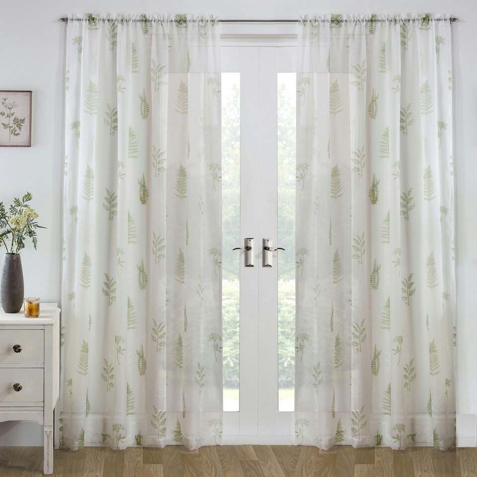 image 1 of Pair of Bracken Green Leaf Print Voile Panels 229 cm (90 inch) Rod Pocket Panels for Bedroom and Living Room