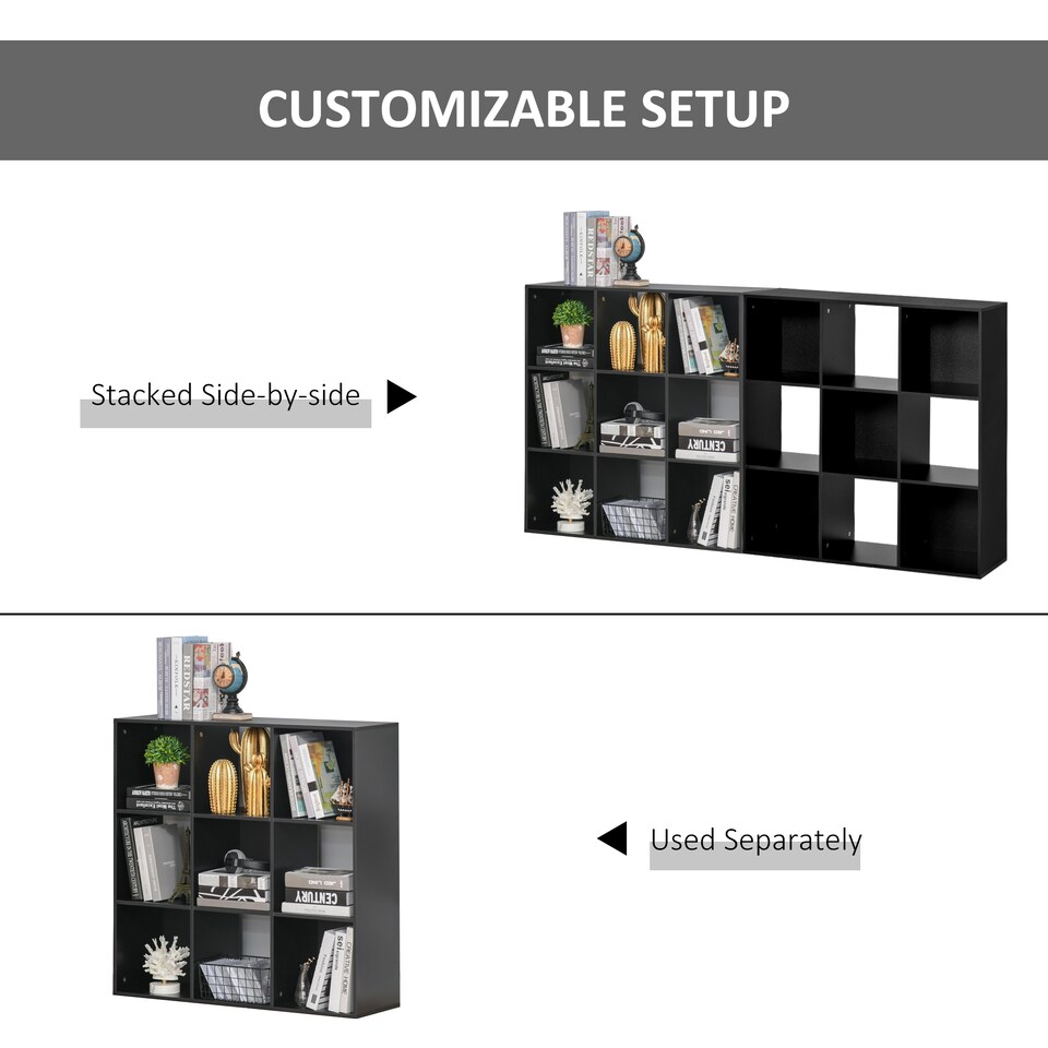 image 1 of HOMCOM 3-tier 9 Cubes Storage Unit Particle Board Cupboard Bookcase Organiser Home Office Shelves, Black