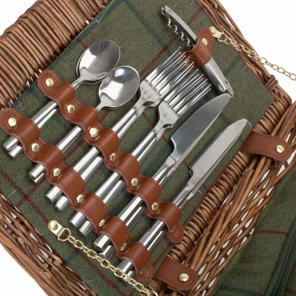 image 1 of Elegant 4 Person Green Tweed Fitted Picnic Basket