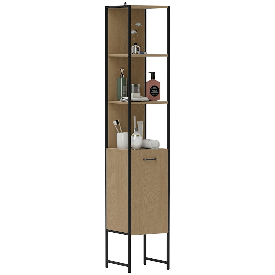 image 1 of HOMCOM Tall Bathroom Cabinet with 3 Open Shelves Adjustable Shelf, Natural | Brown | Black | 33 x 33 x 185 cm