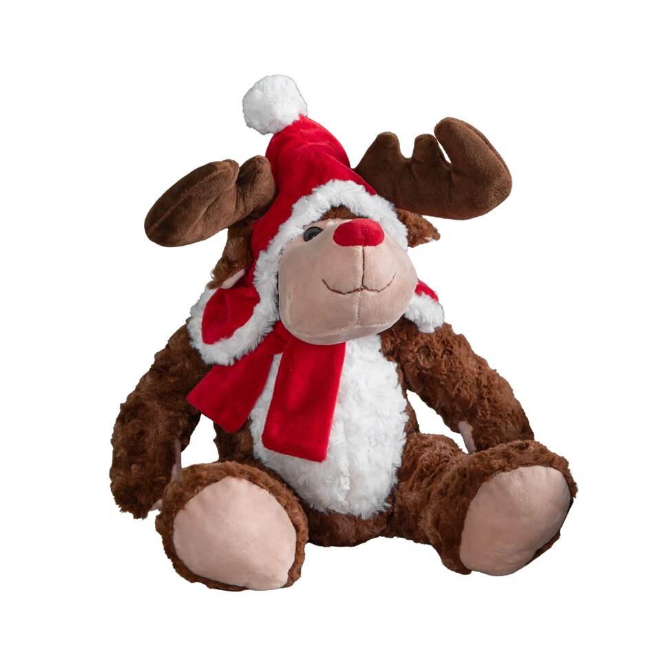image 1 of 30cm Sitting Plush Christmas Reindeer with Red Hat & Scarf