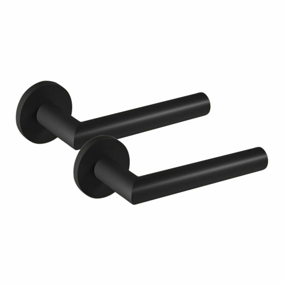 image 1 of Golden Grace Mitred Design Key Lock Door Handles Set on Round Rose in Matt Black Finish with 64mm 3 Lever Mortise Lock and Key Hole Black