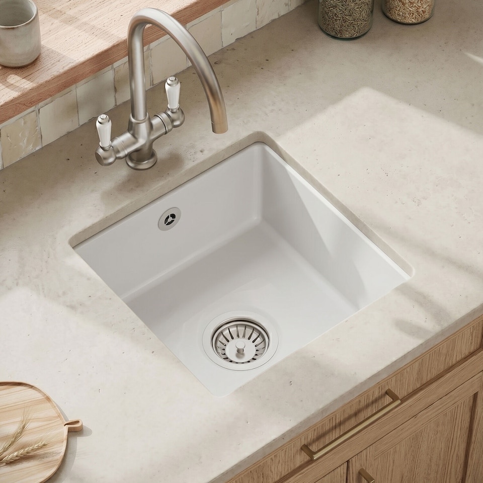 image 1 of Balterley Fireclay Single Bowl Square Undermount Kitchen Sink with Overflow | White | White | 1