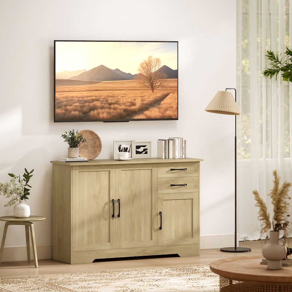 image 1 of HOMCOM Sideboard with Soft-Close Doors, Modern Storage Cabinet Natural | Brown | White wood grain | 120W x 38D x 79H cm