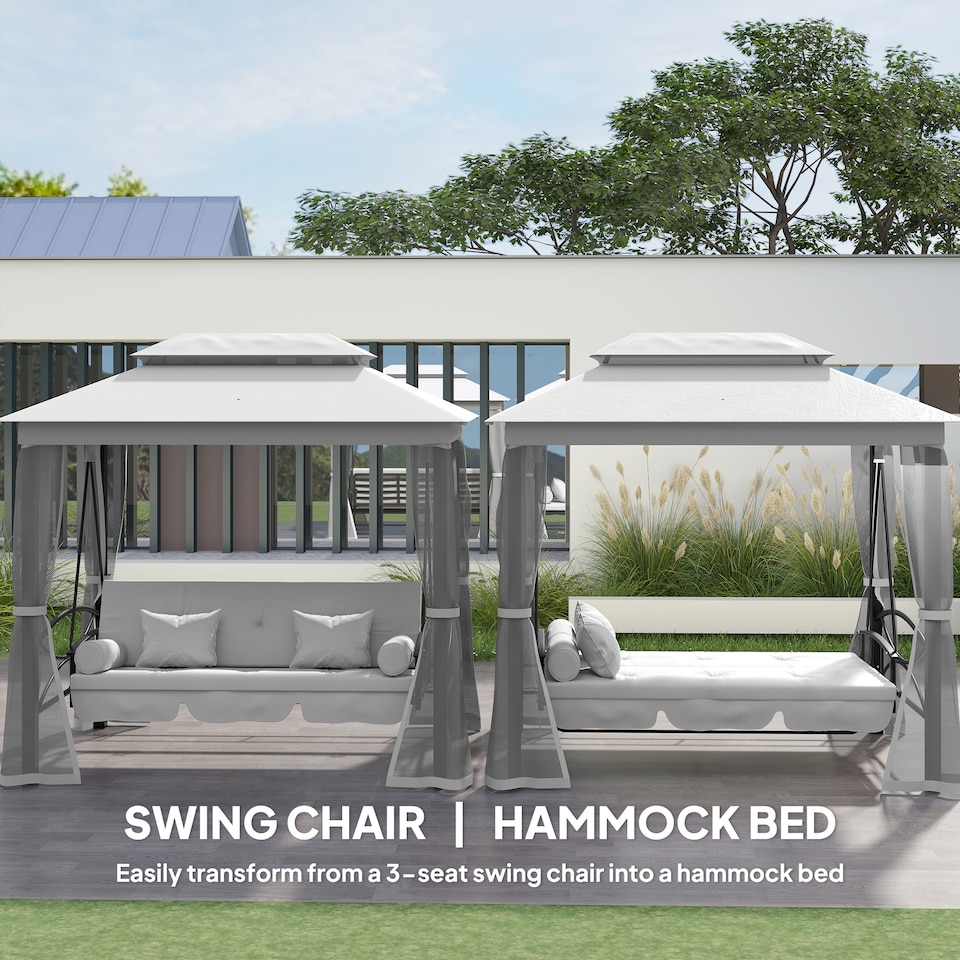 image 1 of Outsunny 3 Seater Convertible Swing Chair, Outdoor Gazebo Swing Seat Bed with Double Tier Canopy, Cushioned Seat, Mesh Sidewalls and Curtains, Light Grey
