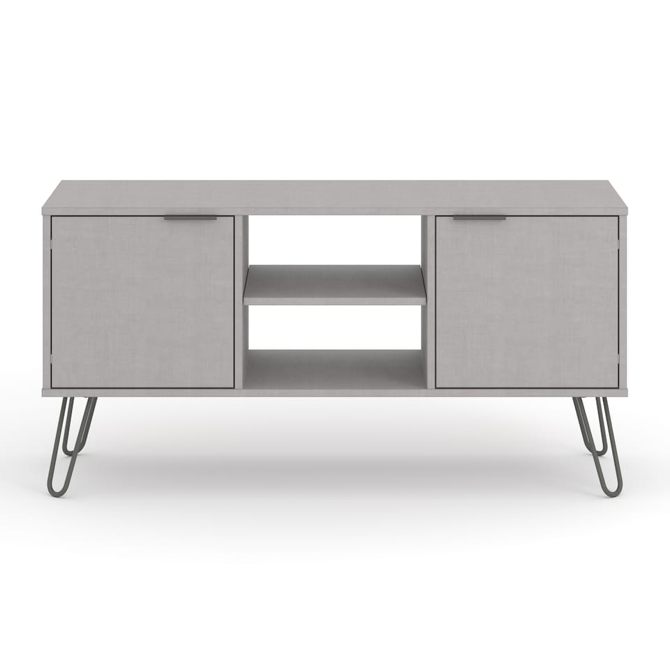 image 1 of Augusta Pine 2-Door Wide TV Unit - Wooden Media Cabinet with Hairpin Legs and Rustic Finish | Grey | Grey | 1