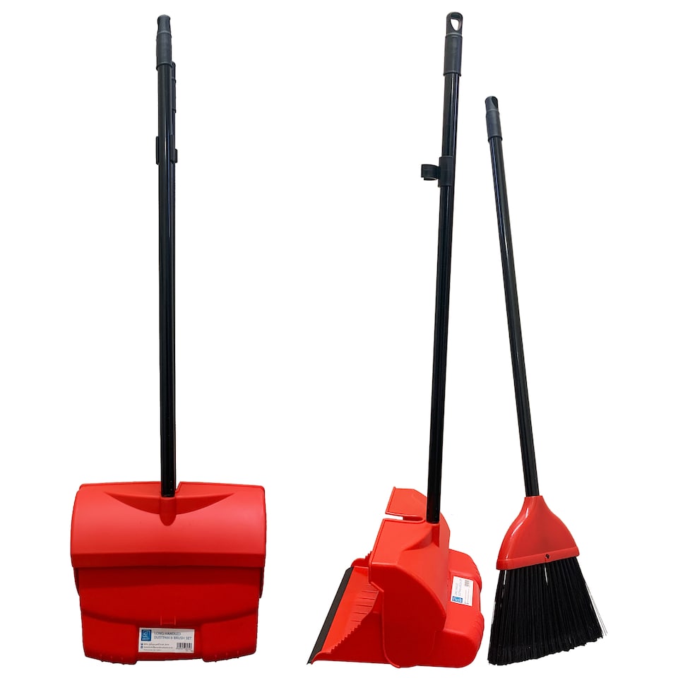 image 1 of Long Handled Dustpan and Brush Set Upright Sweeping Broom with Self Closing Lid