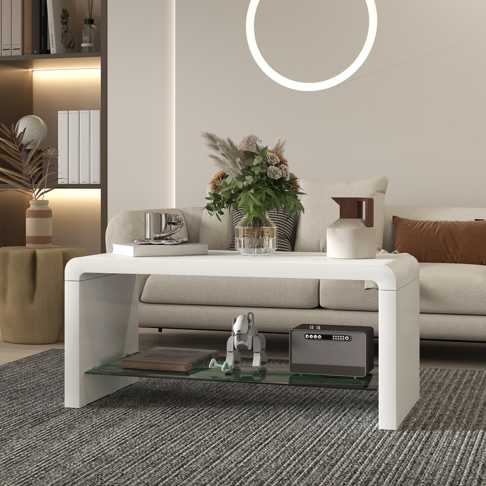 image 1 of HOMCOM High Gloss Coffee Table with Storage, Two-Tier Living Room Table with Glass Shelf, Modern Centre for Home Office, 100 x 45 x 45cm, High Gloss White | Multi