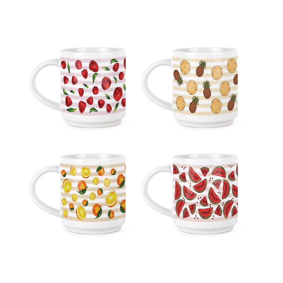 image 1 of Striped Fruits Stacking Mugs Set - Colourful Set of 4 Ceramic Mugs Gift Set with Metal Stand | White