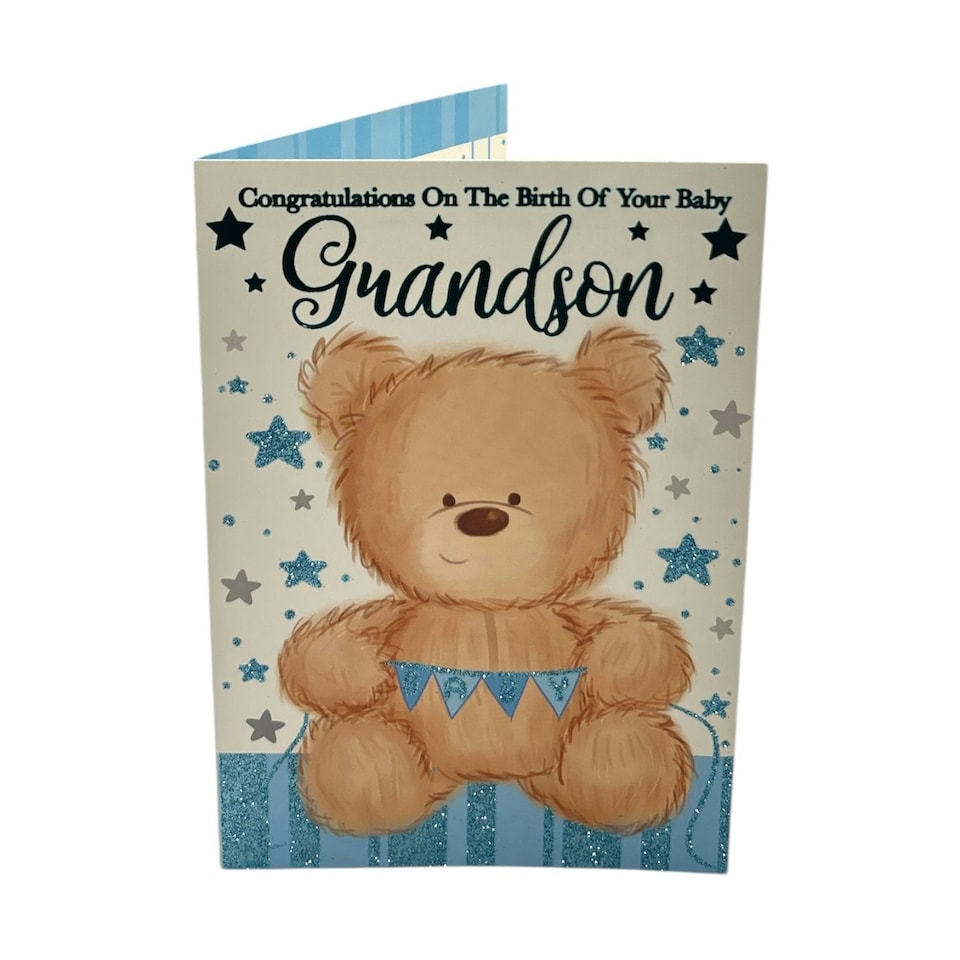 image 1 of On The Birth Of Baby Grandson Teddy Holding Banner Design Congratulations Card