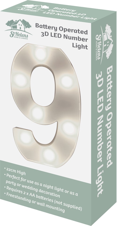 image 1 of St Helens Battery Operated 3D LED Number 9 Light