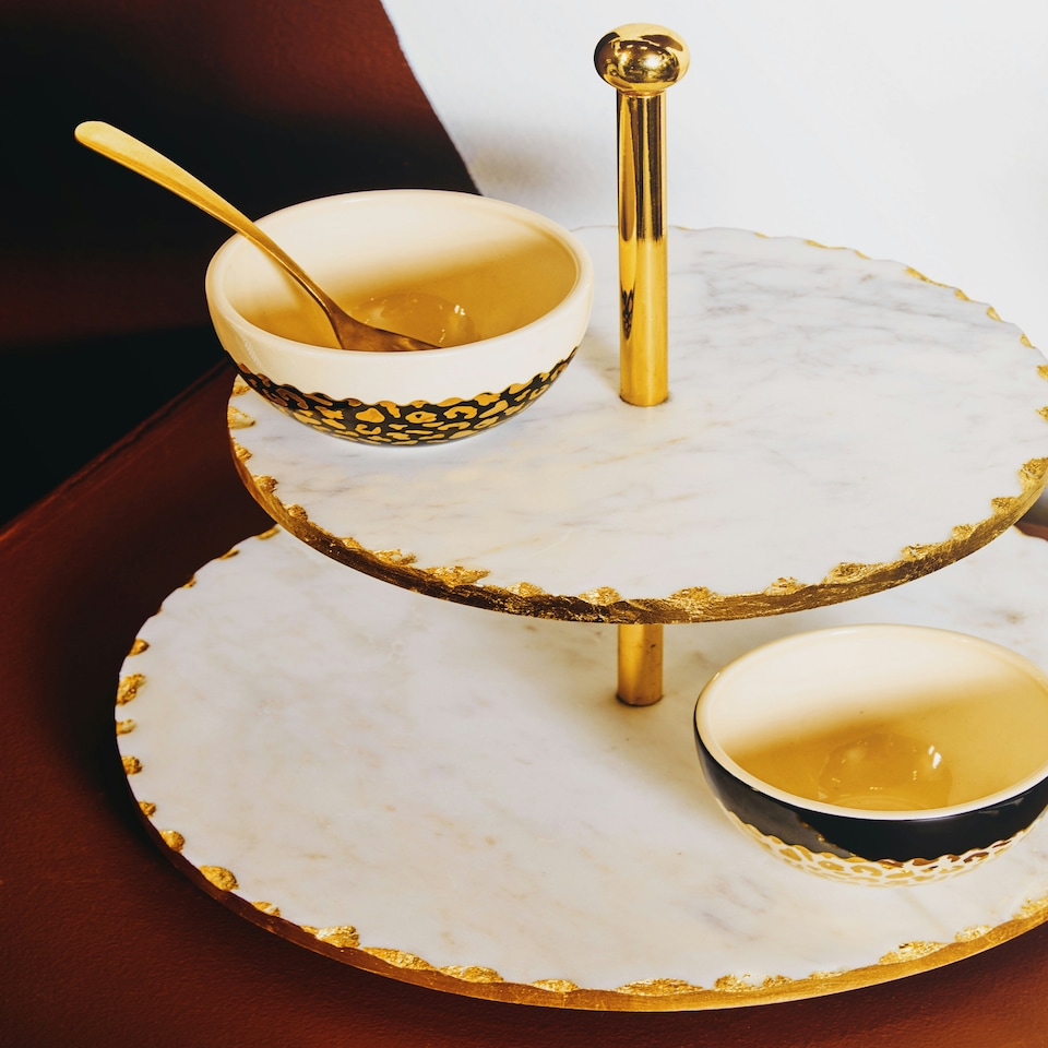 image 1 of Empire 2 Tier White Marble And Gold Finish Cake Stand Gold