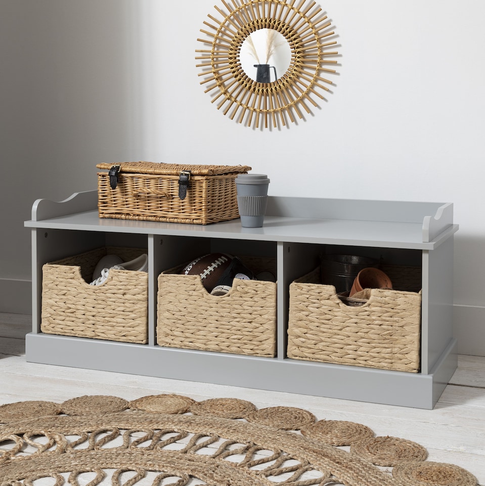 image 1 of Stockholm Storage Bench with 3 Brown Baskets in Silk Grey