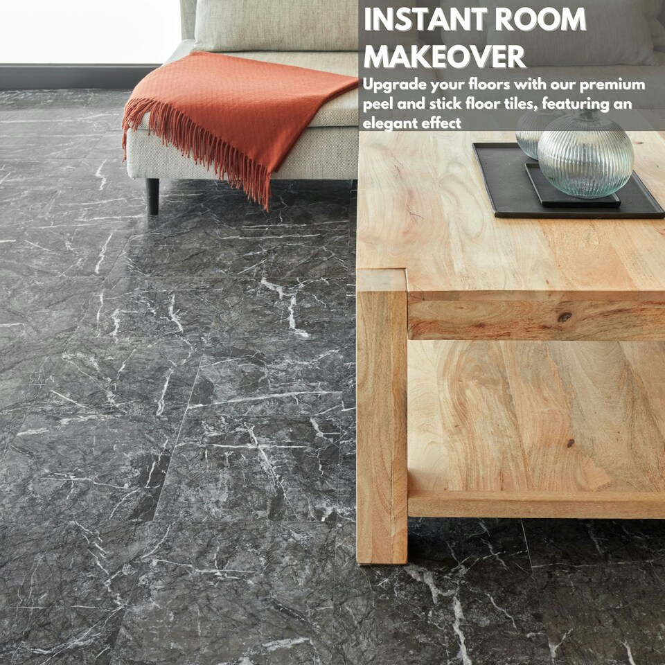 image 1 of NOVECRAFTO Self Adhesive Vinyl Floor Tiles - 12x12 in (30.5x30.5cm) - Waterproof 1.5mm Thick Peel & Stick Flooring - Luxe Marble Effect for Kitchen | Black | 0.9 sqm