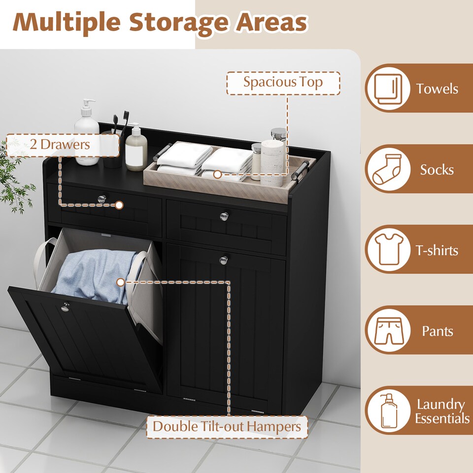 image 1 of COSTWAY Double Tilt-Out Laundry Hamper Cabinet Black