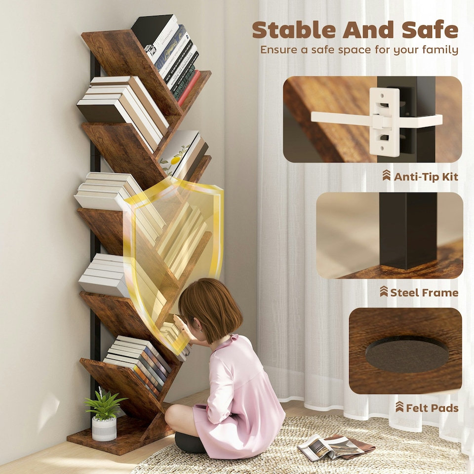 image 1 of HOMCOM 9-Tier Tree Bookshelf with Steel Frame for Living Room, Rustic Brown