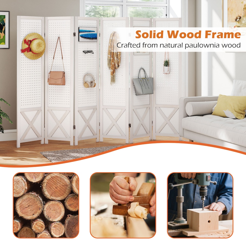 image 1 of COSTWAY 6 Panel 246 x 170 cm Folding Room Divider with Pegboard Display