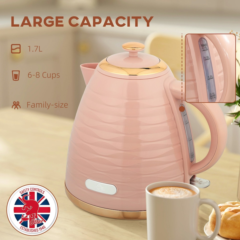 image 1 of HOMCOM Electric Kettle, Fast Boil, 1.7L, 3kW, Swivel, Pink Ripple