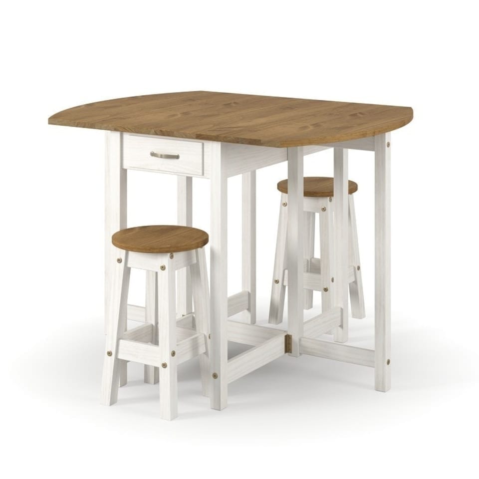 image 1 of Corona Oval Breakfast Drop Leaf Gateleg Table and 2 Stool Set - Pine - White/Antique Waxed Pine - Flat Packed White