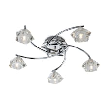 Clara 5 Light Flush Multi Arm Ceiling Light Chrome, Clear Glass, G9