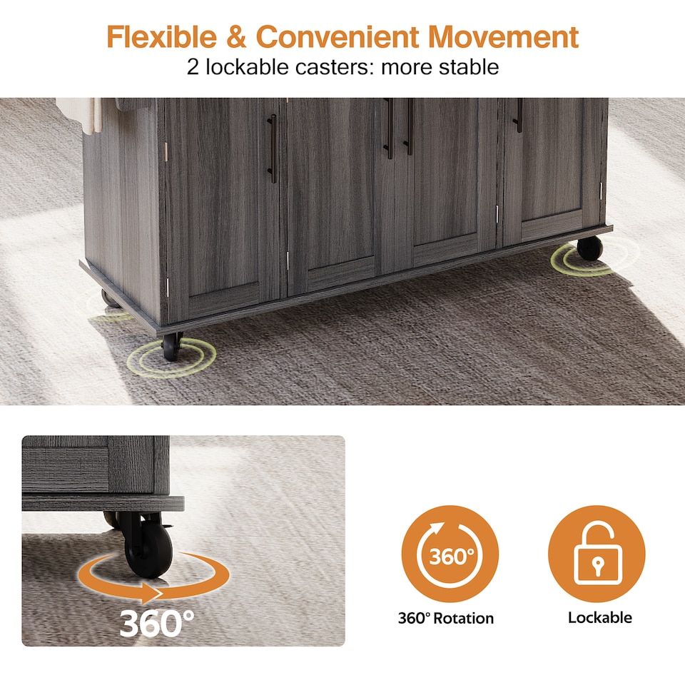 image 1 of VILUXE Mobile Kitchen Island with Foldable Worktop, Hidden Cutlery Drawer, Large Drawer, Adjustable Shelves, Door Racks, Towel Rack, Spice Rack and 5 Wheels, Grey