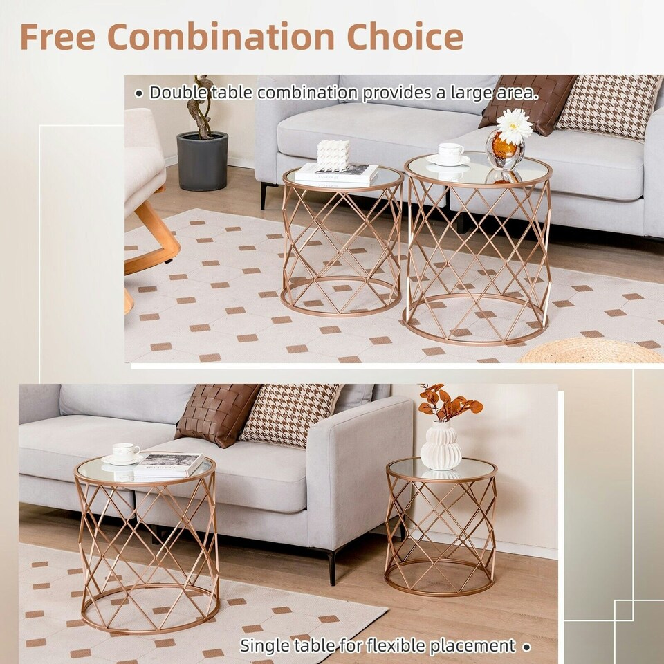 image 1 of COSTWAY Set of 2 Stackable Round Coffee Table W/Mirrored Top Yellow