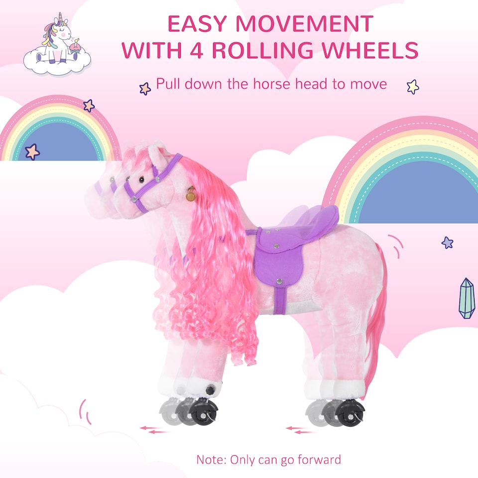 image 1 of HOMCOM Plush Walking Horse Ride On Toy with Wheels and Realistic Sounds Rocking Horse for Girls Boys 2 Plus Years Old, 50cm Tall, Pink