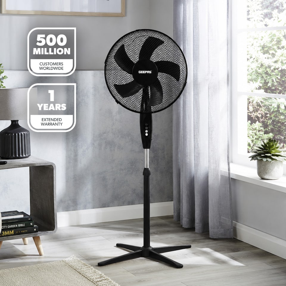 image 1 of GEEPAS 16 inch 5 Blades Pedestal Free Standing Fan 45W, Black