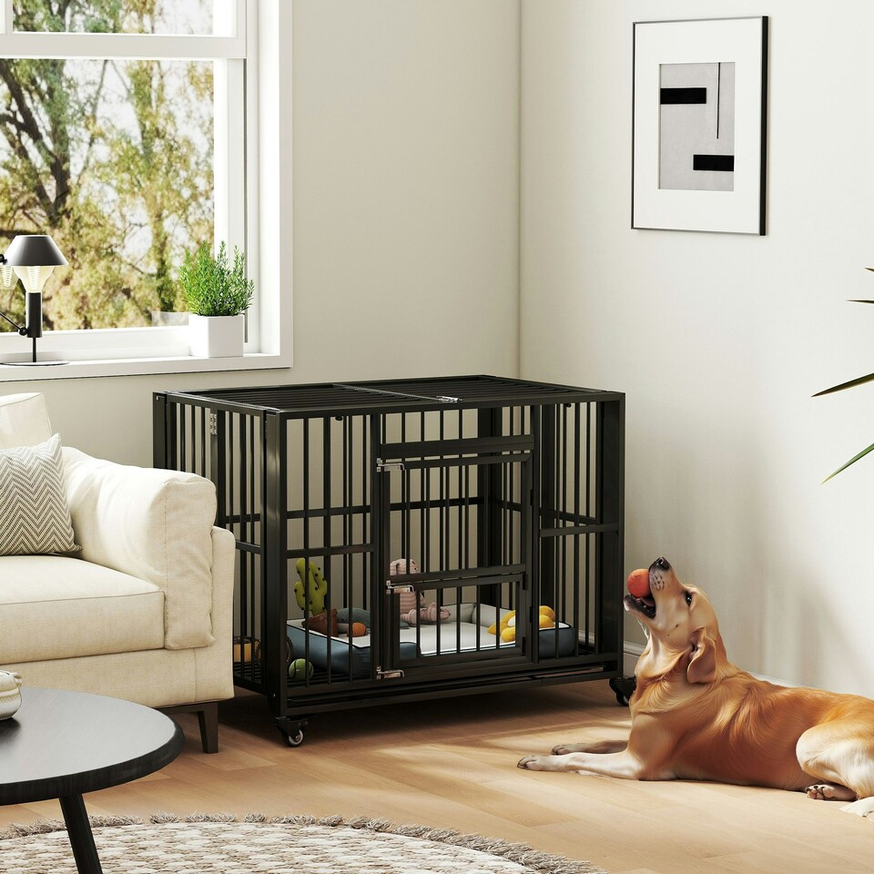 image 1 of PawHut 43" Foldable Heavy Duty Dog Crate w/ Locks, Removable Tray, Wheels