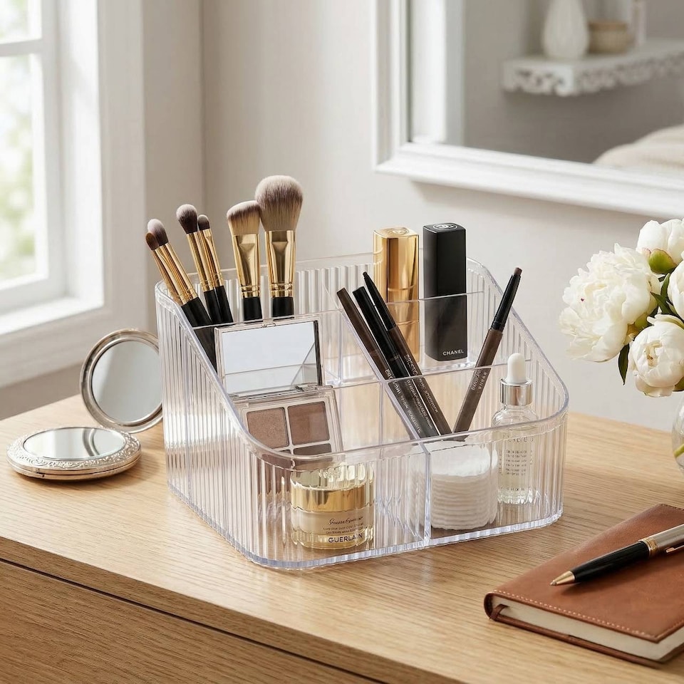 image 1 of Clear Plastic Makeup Organiser 6 Compartment Cosmetic Storage Holder | Clear | Clear | 1