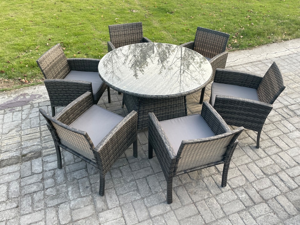 image 1 of Fimous Wicker PE Outdoor Rattan Garden Furniture Arm Chair And Table Dining Sets 6 Seater Large Round Table Dark Grey Mixed