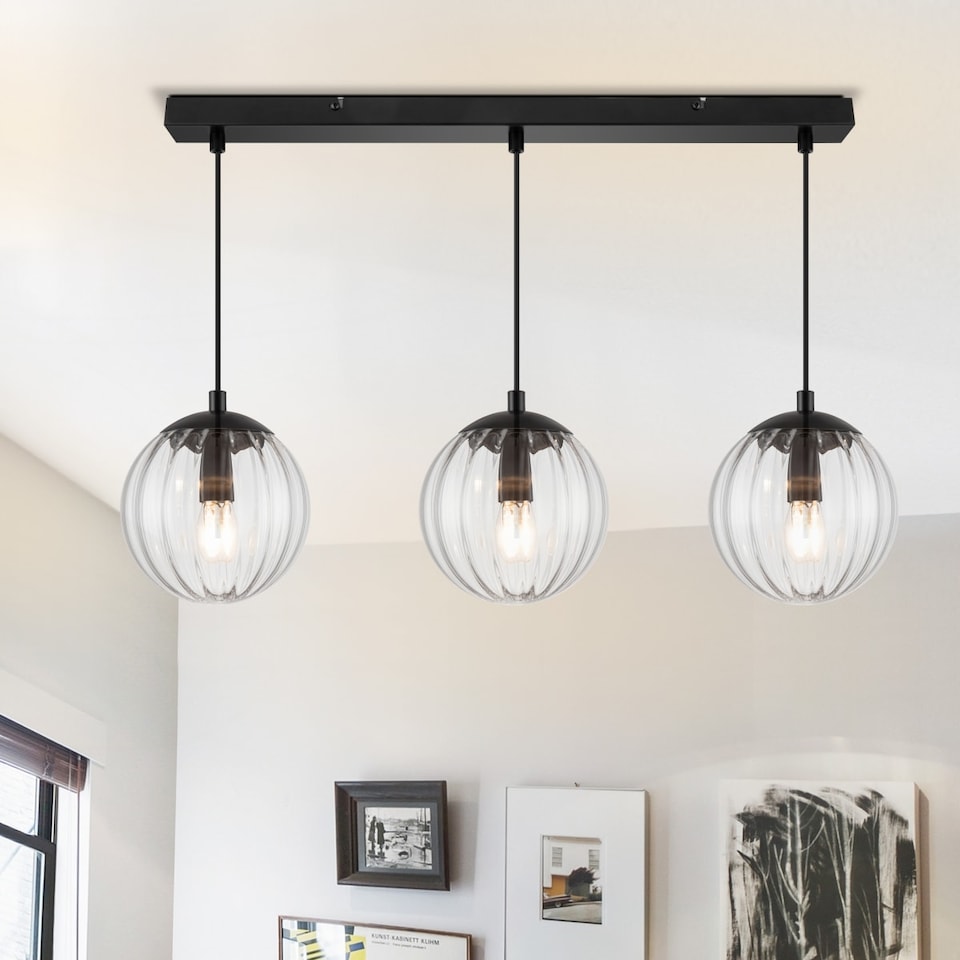 image 1 of COSYLYTE Kingston 3 Light Modern Ribbed Glass Pendant Light - Matt Black Metal | Black | 1