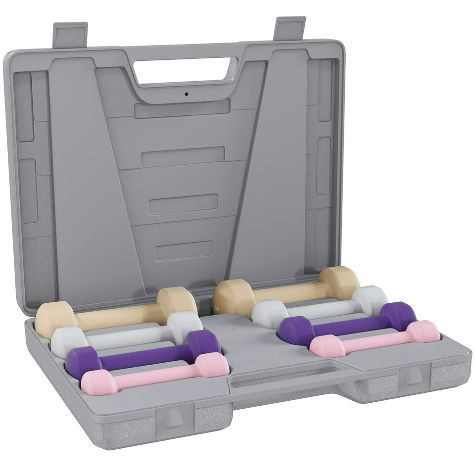 image 1 of HOMCOM 10kg Dumbbell Weights Set with Carry Case, Pink, Purple, Grey, Brown
