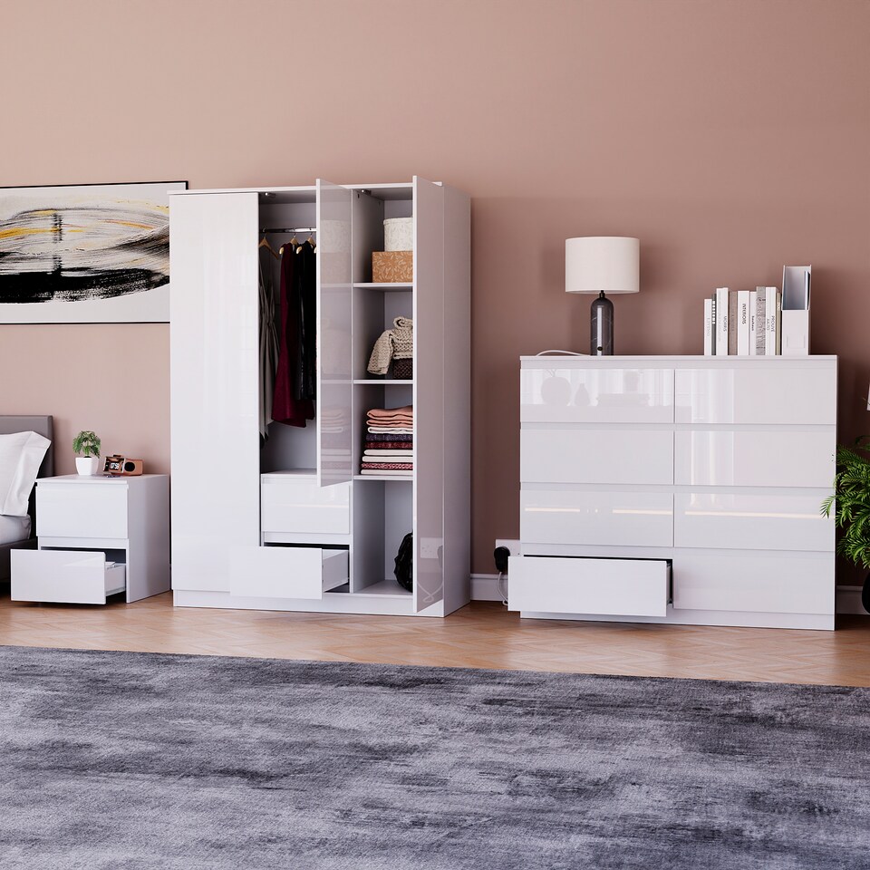 image 1 of Vida Designs Glinton 3 Piece FSC Certified Bedroom Set (2 Drawer Bedside Chest, 8 Drawer Chest, 3 Door 2 Drawer Wardrobe), White | White | White | L | 3