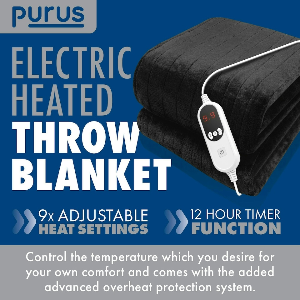 image 1 of Purus Electric Heated Fleece Blanket Throw 160x120cm - Black