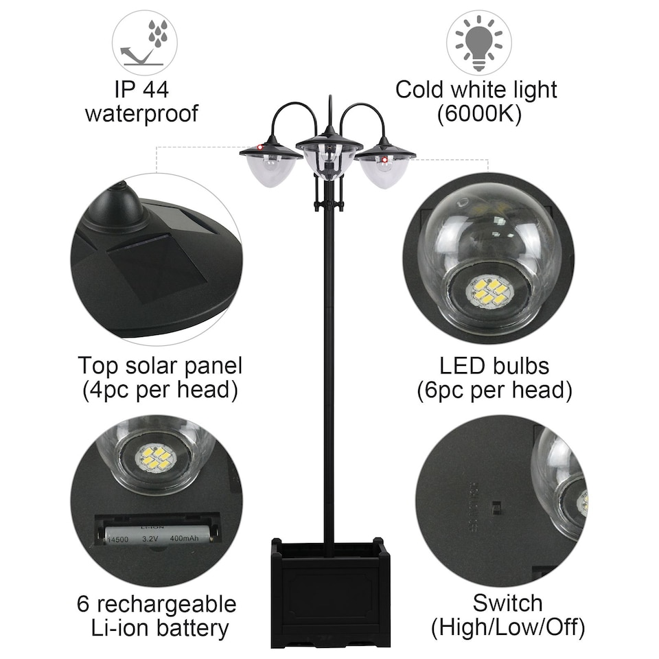 image 1 of Outsunny 3-head LED Solar Light Lamp Street Light Post with Planter Base, Black | Black | Black | 60L x 55W x 189H cm