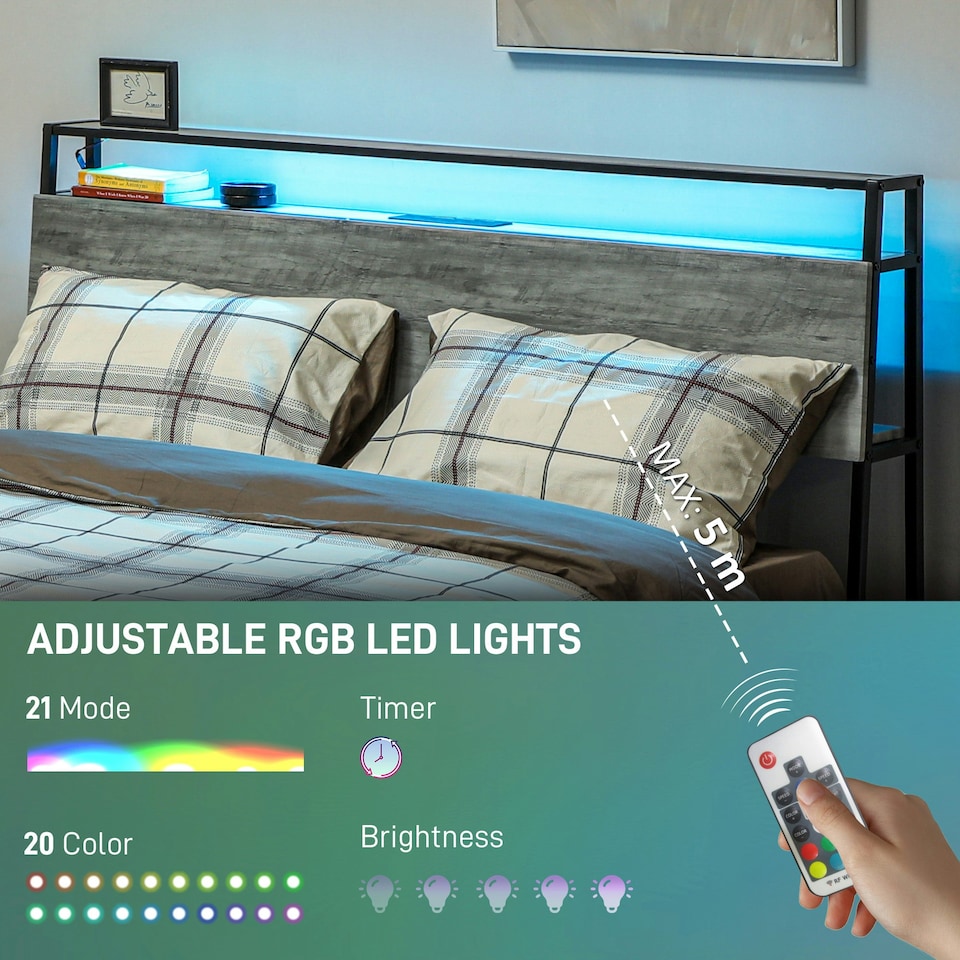 image 1 of HOMCOM LED King Bed Frame with Charging Station, 150 x 200cm, Cement Grey