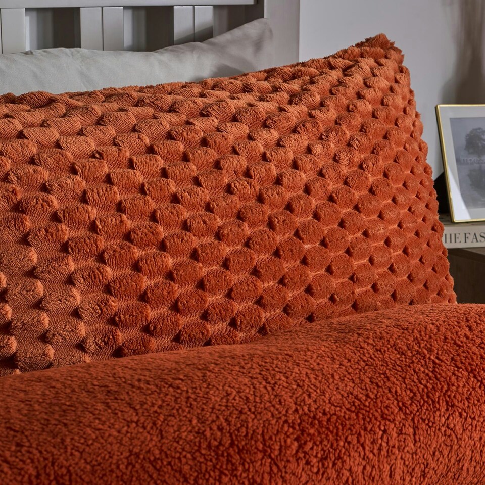 image 1 of OHS Luxury Waffle Textured Fleece Duvet Cover and Pillowcase Bedding Set Orange | Rust | Single