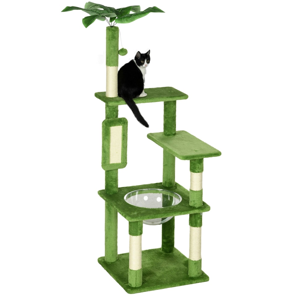 image 1 of PawHut 142cm Cat Tree with Scratch Posts Hammock Platforms Toy Balls, Green