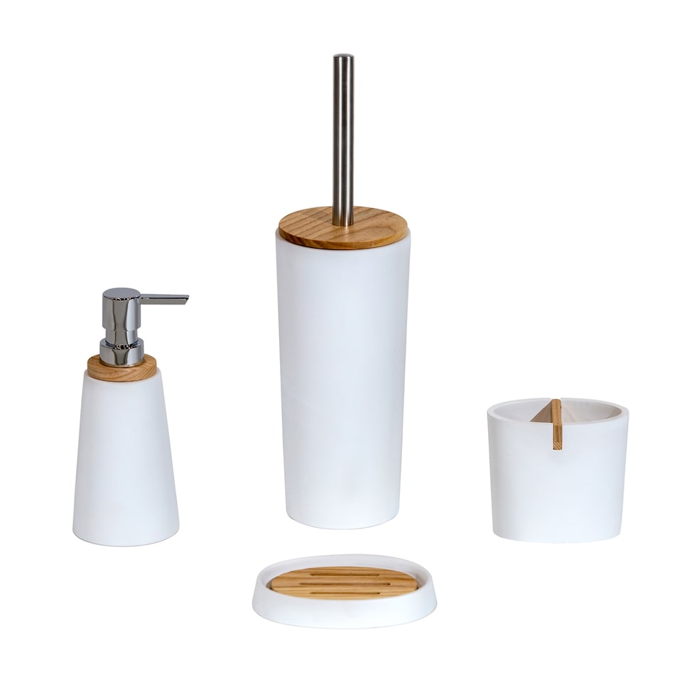 image 1 of Showerdrape Sonata White & Bamboo 4 Piece Bathroom Accessory Set | White | White | 1