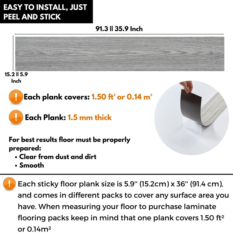 image 1 of NOVECRAFTO Self Adhesive Floor Planks | 5.9x35.9in (91.4x15.2cm) Each | Peel & Stick Vinyl Flooring | Grey Oak Wood Effect | Waterproof DIY Tiles | Grey | 2.78 sqm